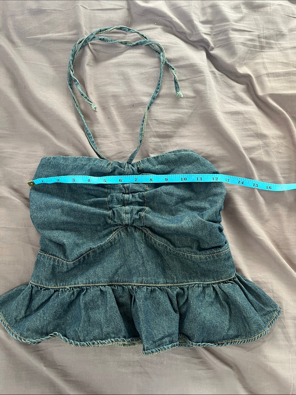 Denim Halter Ruffle Peplum Top - Blue - Picture 2 of 6